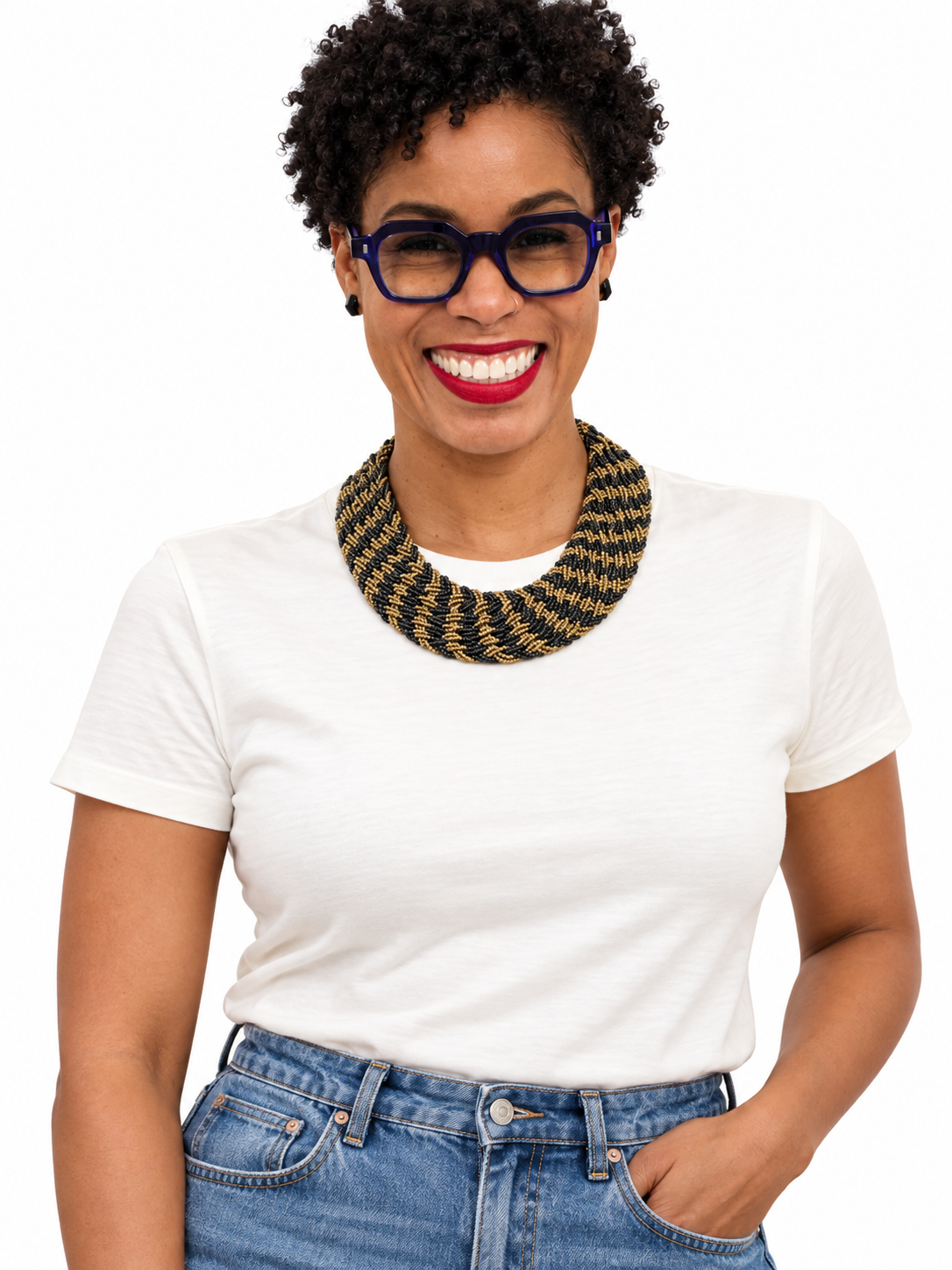 Black and gold-toned Celina collar styled with a white T-shirt