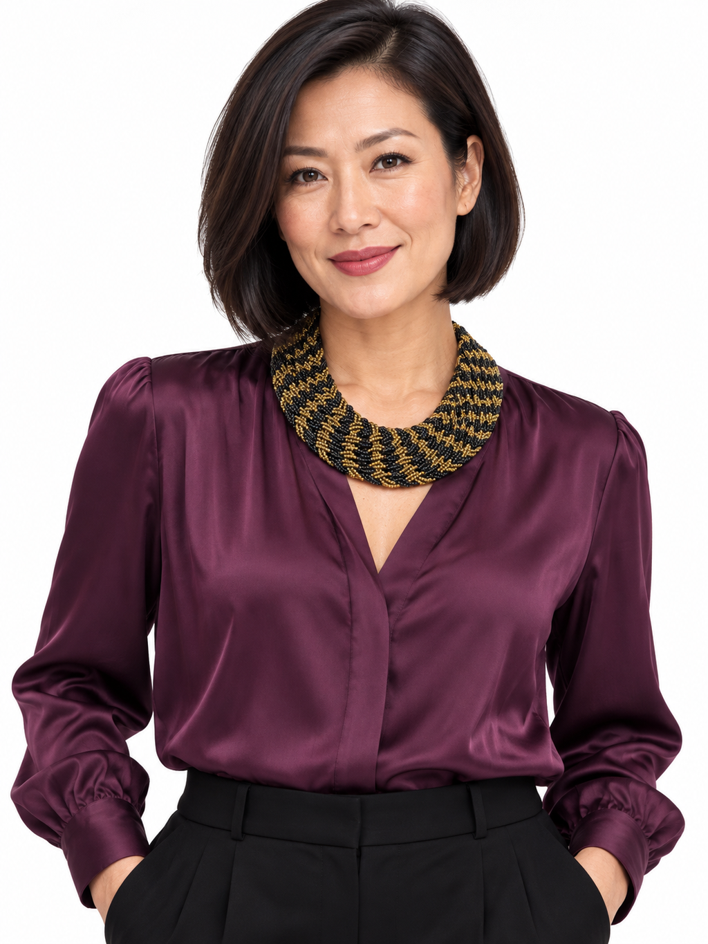 Golden Noir Celina collar styled with a plum blouse