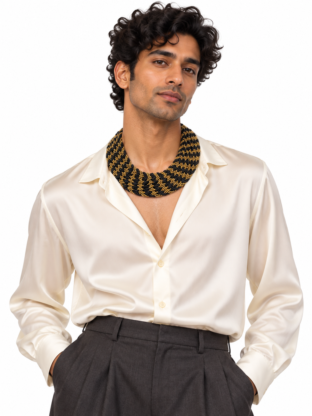 Twisted black and gold-toned Celina collar styled with an open-collar white shirt